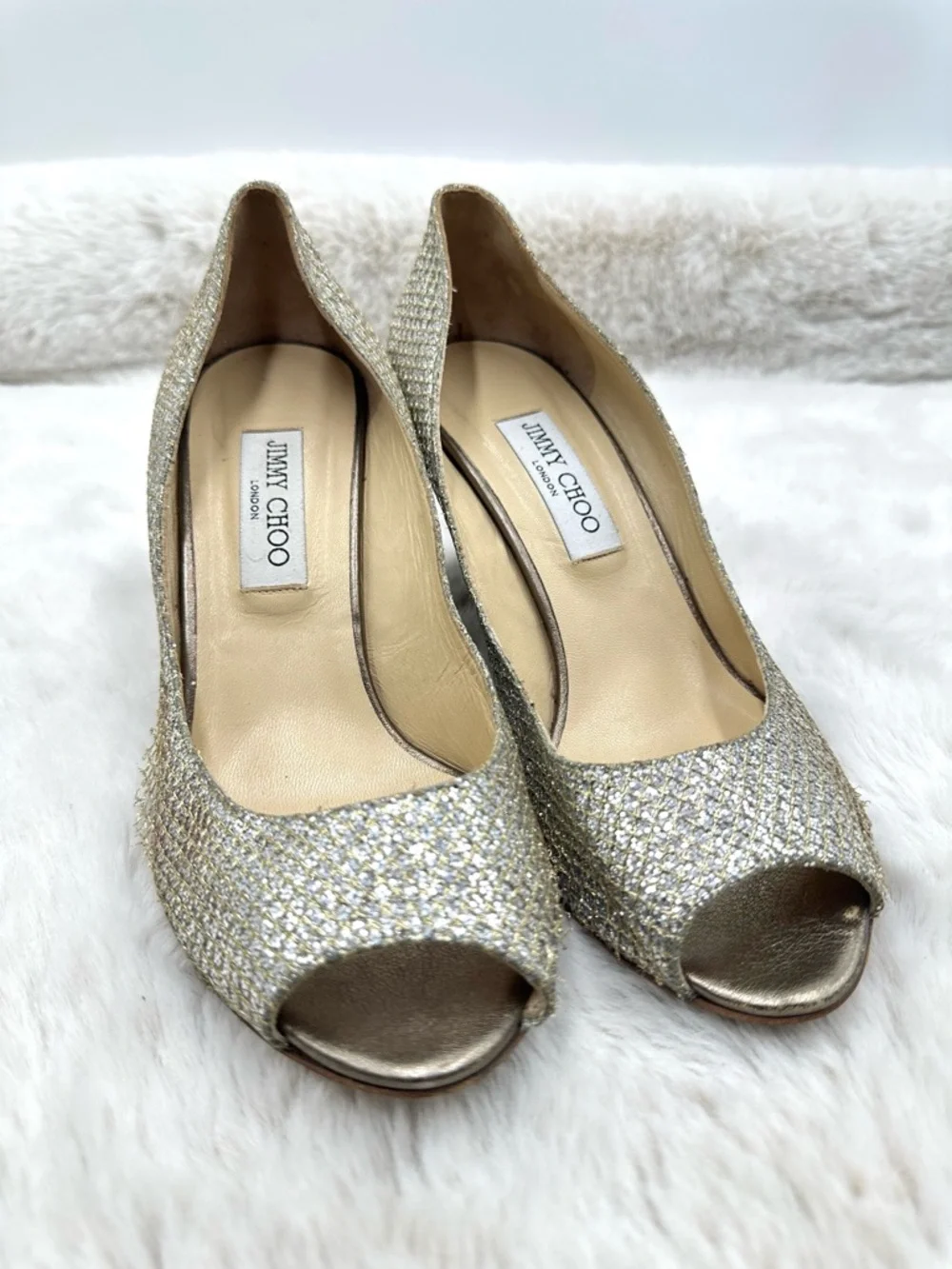 Jimmy Choo Isabel Champagne Glitter Peep Toe Pumps 40.5 US 10.5 Gold Heels